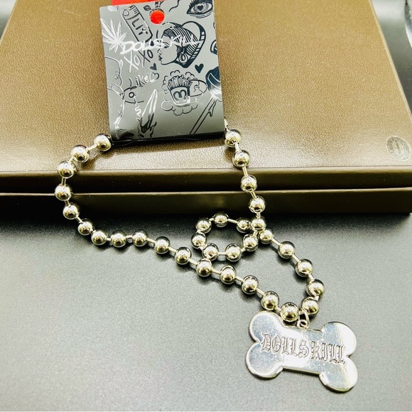 NWT Dolls Kill Dog Bone Ball Chain Metallic Beaded Necklace - Picture 3 of 3